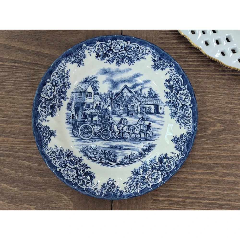 Vintage Blue White Transferware Plate Wall Gallery Set 8pc Mixed Sizes Cobalt